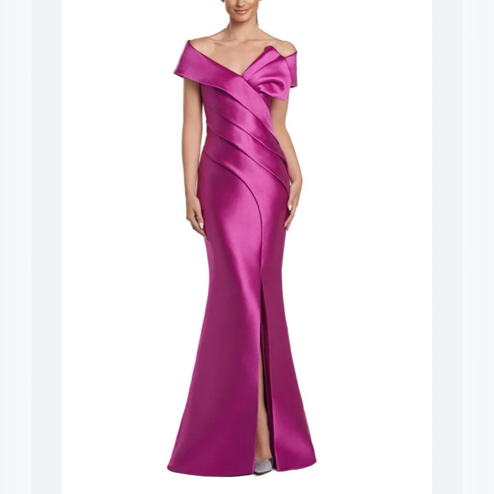 Alexander by Daymor 2052 F24 Fuchsia pleated bodice off shoulder MOB gown sz 12